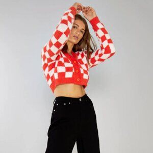 Ban.do "Glamorous" Brand Spicy Orange Checker Pattern Knit Cropped Cardigan
